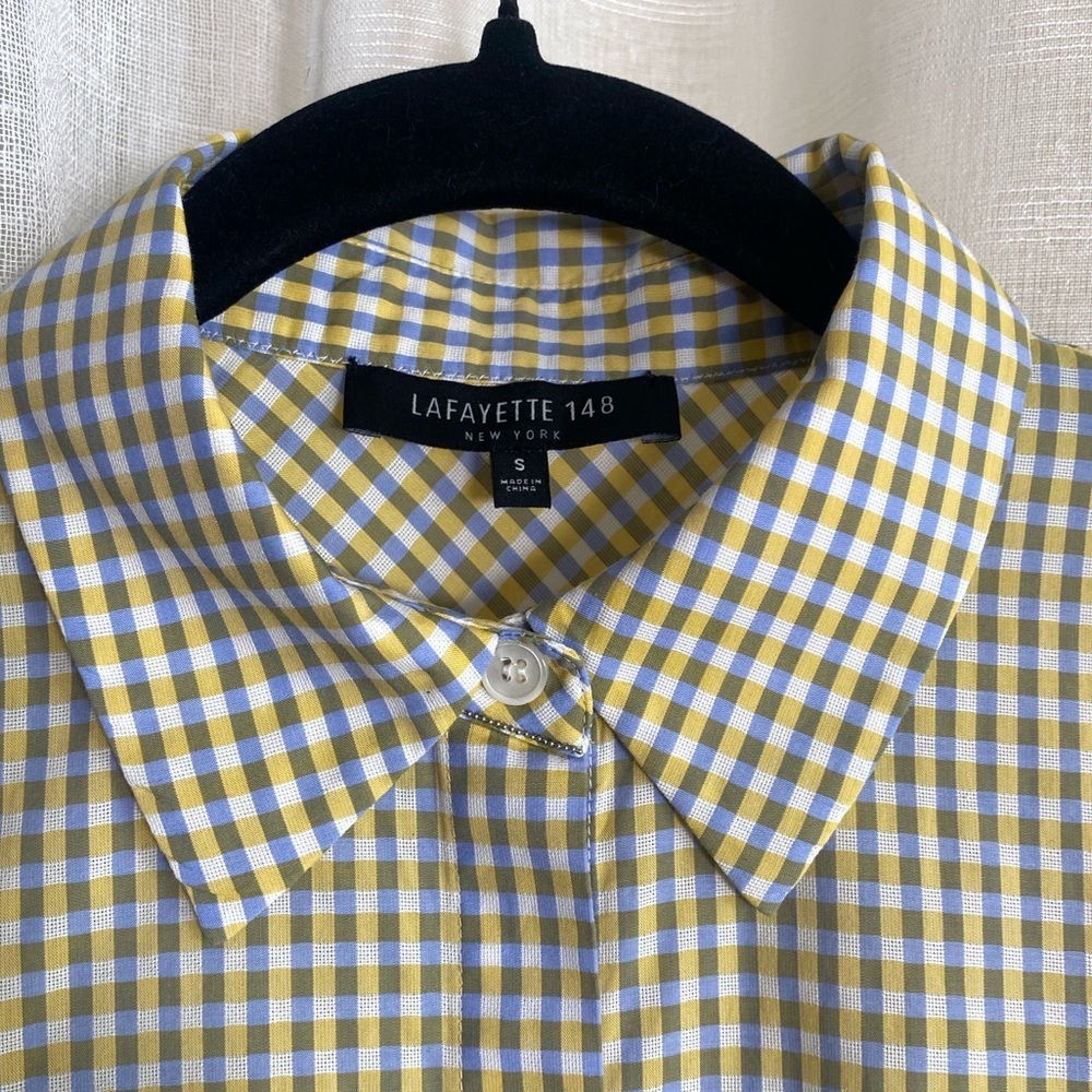 Lafayette 148 New York Cotton Yellow Blue Checkered Button Up Shirt Top Small